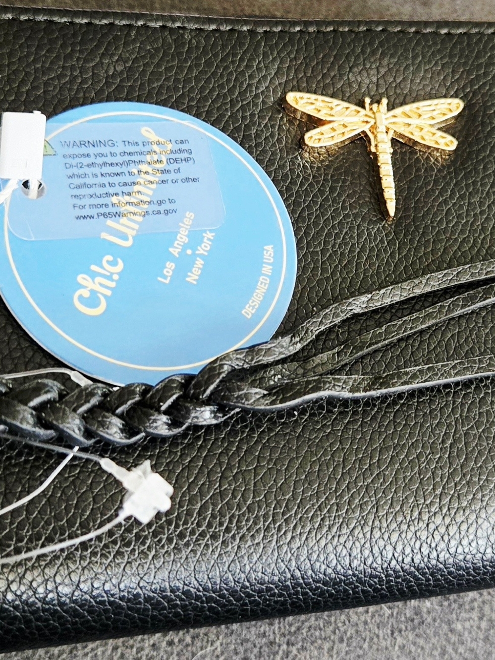chic Black Pebbled Card Holder with Gold Dragonfly Accent - Picture 2 of 3